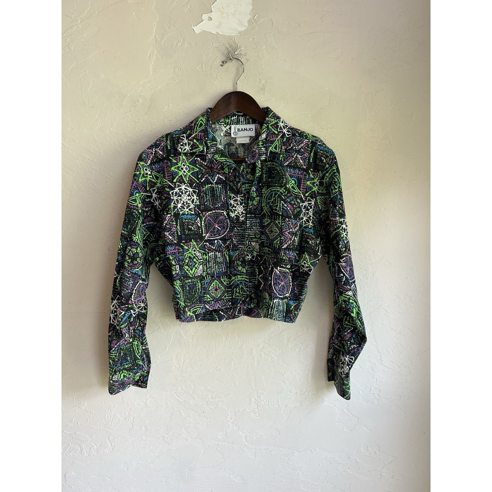 Vintage Banjo Dallas Cropped Button Up Top M Neon Maximalist Rave Grunge 80s 90s - Picture 2 of 7